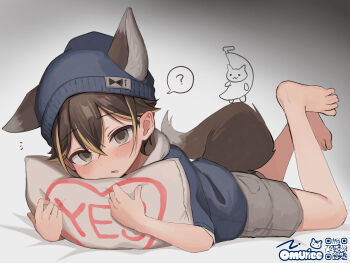  1boy ? absurdres animal_ear_fluff animal_ears artist_name barefoot beanie blonde_hair blue_shirt blush brown_hair child crossed_bangs dog_boy dog_ears dog_tail ears_through_headwear extra_ears feet full_body grey_eyes grey_shorts hair_between_eyes hat highres hugging_object looking_at_viewer lying male_focus multicolored_hair omurice_(roza4957) on_stomach open_mouth original paid_reward_available pillow pillow_hug pudding_(omurice_(roza4957)) qr_code shirt short_sleeves shorts solo spoken_question_mark streaked_hair tail yes-no_pillow 