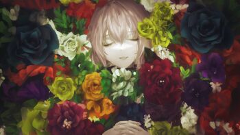  1girl absurdres closed_eyes commentary flower highres leia_(vocaloid) lying megurine_luka on_back own_hands_clasped own_hands_together parted_lips pink_hair rose sachicoart smile solo vocaloid 