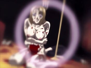  00s 2002 animated animated_gif bible_black bible_black_gaiden bleeding blonde_hair blood blood_on_body blue_eyes breasts candlestand corpse crossed_arms death holding_stomach kitami_reika large_breasts magic_circle nipples nude on_floor ritual short_hair struggling summoning tagme 