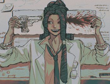  1boy :d bbbbber17 brown_eyes coat dreadlocks eyewear_in_pocket fake_blood gachiakuta glasses grin gun_to_head hair_over_shoulder hands_up holding holding_paper jabber_wonger jewelry male_focus meme multiple_rings necktie open_mouth paper paper_gun_suicide_(meme) ring shirt smile solo white_shirt 