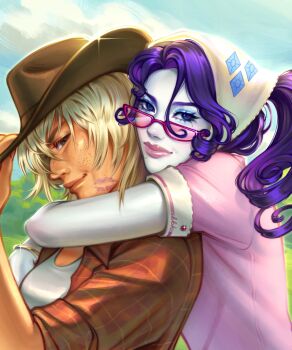  2girls adjusting_clothes adjusting_headwear alternate_costume alternate_hairstyle applejack applejack_(equestria_girls) babybeetlekat blonde_hair blue_eyes blue_eyeshadow bracelet breasts brown_hat cat-shaped_eyewear closed_mouth cloud collared_shirt colored_skin commentary cowboy_hat curled_ends curly_hair day english_commentary eye_glitter eyelashes eyeshadow freckles from_side glint gold_bracelet grass green_eyes hair_between_eyes hat head_down headscarf highres hug hug_from_behind humanization implied_yuri jewelry light_smile lipgloss lipstick_mark lipstick_mark_on_face long_hair makeup medium_hair mole mole_under_eye mole_under_mouth multiple_girls my_little_pony my_little_pony:_equestria_girls my_little_pony:_friendship_is_magic open_clothes open_shirt orange_shirt outdoors pink-framed_eyewear pink-tinted_eyewear pink_lips pink_shirt ponytail procreate_(medium) profile purple_hair rarity_(equestria_girls) rarity_(my_little_pony) shiny_skin shirt shirt_under_shirt short_sleeves side_part sideways_glance sky sleeves_rolled_up straight_hair sunlight tan tank_top thick_lips tinted_eyewear upper_body white_headscarf white_skin white_tank_top wolf_cut 