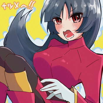 1girl blunt_bangs blush bodysuit bodysuit_under_clothes breasts commentary_request cropped_jacket embarrassed gloves highres jacket knees_together_feet_apart knees_up large_breasts long_hair long_sleeves lower_teeth_only medium_breasts miniskirt nintendo open_mouth pencil_skirt pmws8353 pokemon pokemon_frlg red_eyes red_skirt sabrina_(pokemon) side_slit skirt solo straight_hair teeth turtleneck turtleneck_jacket v-shaped_eyebrows white_gloves 