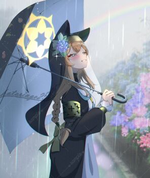  1girl absurdres animal_ears black_jacket black_umbrella black_veil blue_archive blue_eyes blue_flower blue_neckerchief blush braid commentary_request dress flower grin hair_flower hair_ornament highres holding holding_umbrella jacket kotoringo2525 long_hair looking_up mari_(blue_archive) neckerchief open_clothes open_jacket orange_hair rain single_braid smile solo umbrella veil white_dress 
