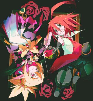  1boy 1girl adell_(disgaea) ahoge anyqqqq_77 black_eyes blonde_hair commentary_request disgaea dress flower gloves highres huge_ahoge looking_at_another makai_senki_disgaea_2 pointy_ears red_eyes red_hair rose rotational_symmetry rozalin smile 