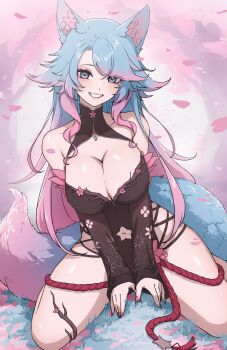  1girl absurdres animal_ear_fluff animal_ears black_kimono black_sleeves blue_hair blue_tail breasts cherry_blossom_print cherry_blossoms clothing_cutout daydarion floral_print gradient_hair gradient_tail highres hip_vent indie_virtual_youtuber japanese_clothes kimono large_breasts multicolored_hair multicolored_tail navel_cutout pink_hair pink_tail silvervale silvervale_(sakura_goddess) tail virtual_youtuber wolf_ears wolf_girl wolf_tail 