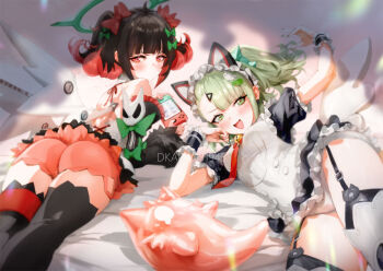  2girls ass black_hair black_thighhighs blunt_bangs blush colored_inner_hair commentary detached_sleeves english_commentary garter_straps green_eyes green_hair green_halo halo handheld_game_console holding holding_handheld_game_console looking_at_viewer lying multicolored_hair multiple_girls nangong_yu necktie nintendo_switch official_alternate_costume on_side on_stomach open_mouth panties red_eyes red_hair red_necktie spykeee sunna_(afternoon_tea_break)_(zenless_zone_zero) sunna_(zenless_zone_zero) thighhighs twitter_username underwear white_panties white_thighhighs wings zenless_zone_zero 