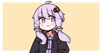  1girl ahoge black_jacket blush border bright_pupils closed_mouth dot_nose dress hair_ornament ini_(inunabe00) jacket long_sleeves open_clothes open_jacket outline outside_border purple_dress purple_eyes purple_hair short_hair_with_long_locks simple_background smile solo upper_body vocaloid voiceroid white_border white_outline white_pupils yellow_background yuzuki_yukari 