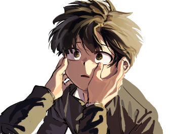  black_eyes bowl_cut commentary hands_on_another's_face haneu highres kageyama_shigeo looking_at_another male_focus mob_psycho_100 out_of_frame parted_lips portrait salt_middle_school_uniform school_uniform solo_focus white_background wind 