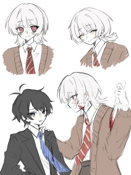  2boys akinashi_haru black_hair black_jacket blood blood_on_face bloody_knife blue_eyes blue_necktie blush brown_cardigan cardigan chinese_commentary collared_shirt commentary_request dress_shirt gloom_(expression) hand_on_another's_shoulder happy highres holding holding_knife jacket knife multiple_boys multiple_views necktie red_eyes red_necktie saihate_eki scared shirt simple_background smile suit_jacket sun_ke_yu tatsunami_shion upper_body white_background white_hair white_shirt 