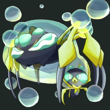  animal_focus araquanid bubble bug commentary_request dewpider evolutionary_line full_body gen_7_pokemon green_background nintendo no_humans open_mouth pokemon pokemon_(creature) pokemon_focus simple_background takokuzirart water 