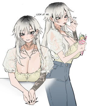  1girl absurdres arm_tattoo blue_pants blush breasts chest_tattoo choppy_bangs cleavage denim ear_piercing earrings eating english_text food gradient_hair grey_hair hair_between_eyes highres holding holding_food holding_ice_cream ice_cream jeans jewelry jyuri_(shouz) large_breasts long_hair looking_at_viewer multicolored_hair neck_tattoo necklace original own_hands_together pants parted_lips piercing shirt short_sleeves shouz simple_background smile tattoo tongue tongue_out white_background yellow_shirt 
