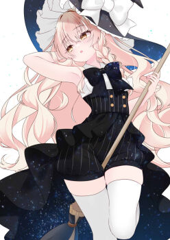  1girl alternate_costume armpits black_hat black_shorts blonde_hair blush braid broom commentary_request hat holding holding_broom kirisame_marisa long_hair looking_to_the_side shirt shorts simple_background single_braid sleeveless sleeveless_shirt solo thighhighs thighs tosakaoil touhou white_background white_thighhighs witch_hat yellow_eyes zettai_ryouiki 