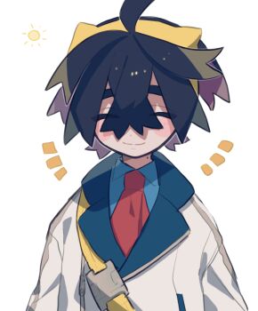  1boy ^_^ ahoge blueberry_academy_school_uniform blush_stickers buckle closed_eyes closed_mouth crossed_bangs dot_nose facing_viewer hair_between_eyes hairband jacket kieran_(pokemon) male_focus miaivz mole mole_on_neck nintendo pokemon pokemon_sv school_uniform smile solo strap sun thick_eyebrows white_background white_jacket yellow_hairband 