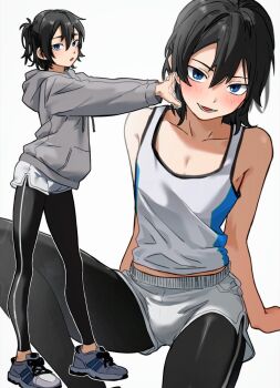  1boy :d arm_support black_hair black_pants blue_eyes blush bulge commentary dolphin_shorts drawstring grey_hoodie hair_between_eyes highres hood hood_down hoodie interlocked_fingers leggings leggings_under_shorts long_sleeves looking_at_viewer m1_tsuru male_focus medium_hair multiple_views open_mouth original own_hands_together pants ponytail shirt shoes short_ponytail shorts simple_background sleeveless sleeveless_shirt smile sneakers white_background white_shirt white_shorts yoga_pants 