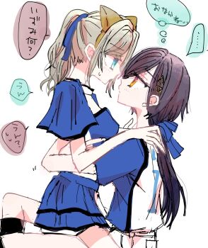  2girls animal_ear_hairband animal_ears black_hair blue_eyes blue_ribbon blue_shirt blue_skirt blush ceras_yanagida_lilienfeld colored_speech_bubble commentary_request edel_note eye_contact fake_animal_ears fox_ears grey_hair hair_ornament hair_ribbon hairband highres hokkaido_nippon-ham_fighters katsuragi_izumi long_hair looking_at_another love_live! love_live!_hasu_no_sora_jogakuin_school_idol_club low_ponytail midriff miniskirt multiple_girls nippon_professional_baseball orange_eyes pleated_skirt ponytail ribbon shirt skirt speech_bubble straddling sweatdrop thought_bubble triangle_hair_ornament uehara_neutrin upright_straddle virtual_youtuber yuri 