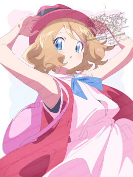  1girl armpits arms_up bag blonde_hair blue_bow blue_eyes blush bow breasts dress hat highres jacket nintendo official_alternate_costume parted_lips pink_bag pink_dress pink_hat pokemon pokemon_(anime) pokemon_the_series:_xy red_hat red_jacket serena_(pokemon) serizawa_serizane sleeveless sleeveless_dress sleeveless_jacket solo 