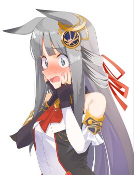  1girl animal_ears blue_eyes blunt_bangs blush breasts chrono_genesis_(prismatic_curator)_(umamusume) chrono_genesis_(umamusume) collarbone commentary_request detached_sleeves fingerless_gloves gloves grey_hair hair_between_eyes hair_ornament hands_on_own_cheeks hands_on_own_face highres looking_at_viewer ponz_nu small_breasts solo umamusume white_background 