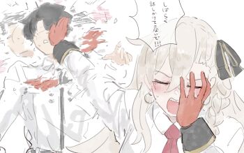  1boy 1girl absurdres afterimage black_hair blush braid chaldea_uniform closed_eyes commentary_request earrings emphasis_lines fate/grand_order fate_(series) fujimaru_ritsuka_(male) gloves hair_ribbon hand_on_own_face highres hitting hoshimira in_the_face jewelry long_hair long_sleeves meme motion_blur naoya_hitting_choso_without_looking_(meme) necktie olga_marie_animusphere olga_marie_animusphere_(unbeast) open_mouth orange_gloves rapid_punches ribbon scene_reference shirt short_hair slapping smear_frame white_hair white_shirt 