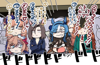 6+girls admire_groove_(umamusume) air_groove_(umamusume) animal_ears awkward black_hat blue_eyes blue_hair blue_hairband blue_hat bow braid brown_hair buttons can't_choose_your_own_family clenched_teeth coat crossed_arms crowd double-breasted ear_chain ears_through_headwear eyeliner flying_spittle furrowed_brow gold_trim green_coat hair_bow hairband hat highres holding horse_ears horse_girl linked_piercing makeup mole mole_under_mouth montjeu_(umamusume) multiple_girls necktie open_clothes open_coat orfevre_(umamusume) piercing rakugosha_(straggler_house) red_bow red_eyeliner red_necktie sailor_hat shaded_face short_twintails sideways_glance sweatdrop tearing_up teeth toni_bianca_(umamusume) trembling twintails umamusume venus_paques_(umamusume) white_hair white_hat