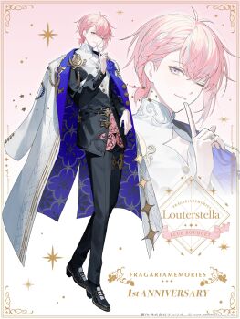  1boy ;) above-cleavage_cutout aiguillette alternate_costume anniversary antenna_hair belt black_belt black_jacket black_pants black_shoes blue_coat blue_hair blue_streaks braid character_name closed_mouth clothing_cutout coat coat_on_shoulders collarbone commentary_request contrast_lapels copyright_name copyright_notice dress_shirt dress_shoes finger_to_mouth fragaria_memories full_body gold_trim gradient_background hair_behind_ear hair_between_eyes hand_on_own_hip hand_up highres jacket jewelry lapel_pin lapels long_sleeves looking_at_viewer louterstella_(fragaria_memories) low_ponytail male_focus mandarin_collar multicolored_hair official_art one_eye_closed pants patterned_clothing pink_background pink_hair ponytail purple_eyes shirt shoes short_hair short_ponytail side_braid side_part sideways_glance smile solo sparkle standing star_(symbol) streaked_hair tassel thighlet two-sided_coat two-sided_fabric ugonba_(howatoro) white_background white_coat white_shirt zoom_layer 