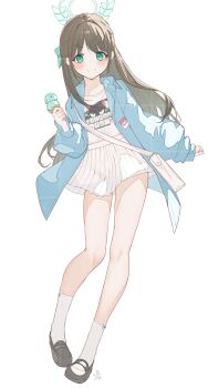 1girl absurdres airi_(band)_(blue_archive) airi_(blue_archive) bag blue_archive blue_jacket blush brown_hair food full_body green_eyes green_halo halo highres ice_cream ice_cream_cone jacket loafers long_hair long_sleeves looking_at_viewer mint_chocolate official_alternate_costume pleated_skirt print_shirt shirt shoes shoulder_bag skirt socks solo tachibana_shiori_(suica_112) white_background white_shirt white_skirt white_socks rating:General score:10 user:danbooru