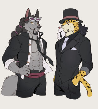  2boys abs bare_pectorals black_hair black_necktie braid closed_mouth commentary_request cropped_legs eyewear_on_head facial_hair foxvulpine fu_manchu_(mustache) furry furry_male goatee hand_in_pocket hat jabra_(one_piece) jaguar_boy long_hair long_mustache male_focus multiple_boys mustache necktie one_piece open_clothes open_shirt pectorals rob_lucci sharp_teeth simple_background teeth toned toned_male top_hat white_necktie wolf_boy 