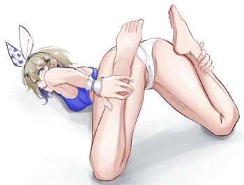  1girl absurdres amanogawa_shiina and0ando ass bare_shoulders barefoot blonde_hair blue_sports_bra bound_puppy_pose breasts facing_away feet feet_up from_behind grabbing_own_ankles grey_eyes hair_ornament hair_ribbon highres holding_own_leg legs lying medium_breasts on_stomach open_mouth panties phase_connect ribbon short_hair sideboob signature sleeveless smile solo sports_bra thighs toes underwear virtual_youtuber white_background white_panties wrist_cuffs 