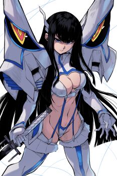  1girl absurdres bakuzan black_hair blue_eyes blunt_ends boots breasts commentary feet_out_of_frame gloves hair_ornament highres holding holding_sword holding_weapon jesse_schickler junketsu katana kill_la_kill kiryuuin_satsuki large_breasts life_fiber long_hair long_sleeves looking_at_viewer navel parted_lips revealing_clothes solo standing suspenders sword thick_eyebrows thigh_boots very_long_hair weapon white_boots white_gloves 