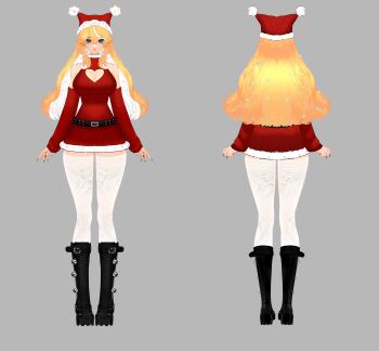  1girl arielle_(vtuber) black_boots blonde_hair blue_eyes boots breasts cleavage cleavage_cutout closed_mouth clothing_cutout detached_sleeves dress full_body gannon_vt grey_background hair_between_eyes hat heart_cutout highres indie_virtual_youtuber large_breasts long_hair multicolored_hair rainbow_hair red_nails red_sleeves santa_costume santa_dress santa_hat short_dress thick_thighs thighhighs thighs virtual_youtuber white_hair white_thighhighs 