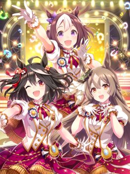 3girls absurdres alternate_costume animal_ears arm_up breasts brown_hair card_commentary commentary game_cg gloves hair_between_eyes hair_ornament highres horse_ears horse_girl kitasan_black_(umamusume) long_hair looking_at_viewer medium_breasts medium_hair multiple_girls official_art one_eye_closed open_mouth purple_eyes ribbon satono_diamond_(umamusume) smile special_week_(umamusume) stage third-party_source umamusume 