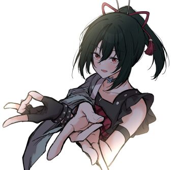  1girl :d absurdres black_hair black_shirt bow collarbone fang fingerless_gloves frilled_shirt frills gloves green_kimono hadanugi_dousa hair_ornament highres itoshiki_yume_yo_izanaite japanese_clothes kimono long_sleeves looking_at_viewer love_live! love_live!_nijigasaki_high_school_idol_club love_live!_nijigasaki_high_school_idol_club_the_movie_-_finale mifune_shioriko official_alternate_costume open_kimono open_mouth ponytail red_bow red_eyes scanning shirt sidelocks simple_background single_bare_shoulder single_fingerless_glove single_glove sleeveless sleeveless_shirt smile solo tassel tassel_hair_ornament v-shaped_eyebrows white_background 