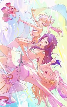  3girls black_hair blonde_hair blue_eyes blush cho_kaguya-hime! closed_eyes et_90_1 green_eyes hair_ornament hairclip hashtag-only_commentary highres kaguya_(cho_kaguya-hime!) long_hair multiple_girls open_mouth runami_yachiyo sakayori_iroha stomach white_hair 