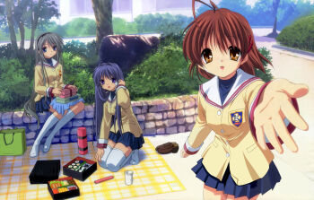  3girls absurdres antenna_hair bag blazer blue_skirt brown_eyes brown_hair clannad day detexted food fujibayashi_kyou furukawa_nagisa highres hikarizaka_private_high_school_uniform ikeda_kazumi jacket kneeling long_hair looking_at_viewer makizushi multiple_girls no_shoes official_art outdoors picnic pleated_skirt sakagami_tomoyo school_uniform shoes unworn_shoes sitting skirt smile sushi thighhighs third-party_edit tree very_long_hair white_legwear 