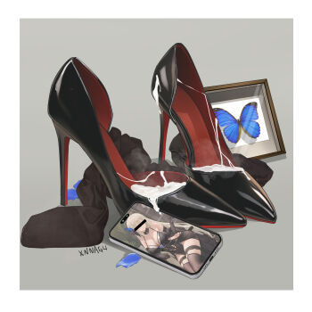  1girl bar_censor black_blindfold black_dress black_footwear black_thighhighs blindfold blonde_hair blue_butterfly blue_flower blue_rose breasts bug butterfly butterfly_hair_ornament cellphone cellphone_photo censored censored_identity cleavage covered_eyes cum cum_on_body dress elbow_gloves flower gloves grey_background hair_ornament high_heels highres insect large_breasts long_hair official_alternate_costume phone photo_(object) picture_frame rose shoes simple_background smartphone solo stiletto_heels thigh_strap thighhighs unworn_shoes xnnagu  rating:Sensitive score:16 user:fushelu