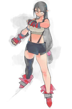  1girl black_hair clenched_hand commentary crop_top final_fantasy final_fantasy_vii fingerless_gloves gloves highres long_hair low-tied_long_hair saliva single_tear skirt solo suspender_skirt suspenders tifa_lockhart umezawa_michiko 