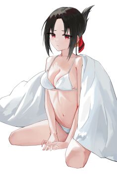  1girl absurdres bikini black_hair breasts cleavage closed_mouth commentary_request cropped_legs folded_ponytail hair_ribbon highres kaguya-sama_wa_kokurasetai_~tensai-tachi_no_renai_zunousen~ kuonxv looking_at_viewer medium_breasts navel red_eyes ribbon shinomiya_kaguya simple_background sitting solo stomach swimsuit thighs under_covers white_background white_bikini 