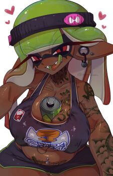  1girl arm_tattoo bike_shorts can_between_breasts chest_tattoo colored_tongue commentary_request crop_top dark_skin earrings genderswap genderswap_(mtf) green_hair green_tongue hair_behind_ear headband heart highres inkling inkling_girl inkling_player_character jewelry long_hair nanimaroom navel_piercing neck_tattoo nintendo original piercing plug_(piercing) plump red_eyes sakuya_(nanimaroom) sharp_teeth shoulder_tattoo simple_background slit_pupils splatoon_(series) tagme tattoo teeth tentacle_hair tongue tongue_out tongue_piercing white_background 