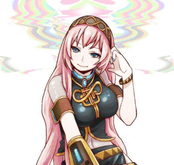  1girl belt blue_eyes bracelet breasts commentary_request detached_sleeves hairband hand_up honnomusi323 jewelry large_breasts long_hair megurine_luka midriff nail_polish navel pink_hair shirt side_slit single_detached_sleeve sleeveless sleeveless_shirt smile solo very_long_hair vocaloid 