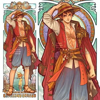  2boys artist_name black_hair blue_shorts child clenched_hand coat collared_shirt commentary devil_fruit epaulettes flag hannahartwork hat highres jolly_roger looking_at_viewer male_focus monkey_d._luffy multiple_boys one_piece one_piece_(live_action) out_of_frame red_coat red_vest sandals sash scar scar_on_chest shanks_(one_piece) shirt shorts smile straw_hat straw_hats_jolly_roger vest 