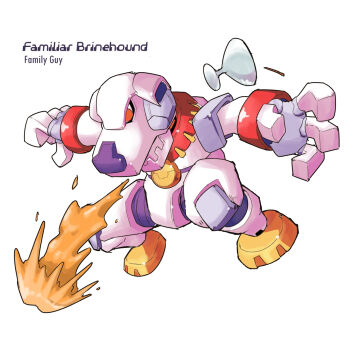  2000s_(style) armor brian_griffin character_name cocktail_glass commentary copyright_name cup drinking_glass english_commentary family_guy full_body highres karakatodzo mega_man_(series) mega_man_zero_(series) outstretched_arms parody red_eyes robot simple_background spread_arms standing style_parody tagme white_armor white_background 