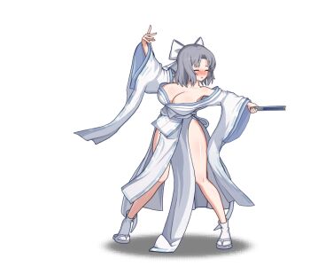  1girl :o animated animated_gif bare_shoulders blocking blue_eyes blush body_blush bouncing_breasts bow breasts cleavage collarbone crossover folded_fan folding_fan game_cg grey_hair hair_bow hand_fan holding holding_fan japanese_clothes kimono large_breasts looking_at_viewer lost_sword:_tales_of_britania low_neckline official_art parted_bangs pelvic_curtain revealing_clothes ribbon-trimmed_kimono ribbon_trim sandals senran_kagura senran_kagura_shinovi_versus shiny_skin short_hair side_slit simple_background socks solo standing striped_bow tabi white_background white_bow white_kimono white_socks wide_sleeves wince yumi_(senran_kagura) zouri 