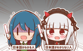  2girls :d aira_(love_live!) black_capelet blue_hair blunt_bangs capelet chibi chibi_only clueless collared_shirt commentary dark-skinned_female dark_skin emphasis_lines english_commentary glowstick gradient_hair green_necktie grey_background highres holding holding_glowstick long_hair long_sleeves love_live! love_live!_nijigasaki_high_school_idol_club love_live!_nijigasaki_high_school_idol_club_next_sky multicolored_hair multiple_girls necktie nervous_smile open_mouth outline p-man_(p_man_wktk) penelope_(love_live!) penlight_(glowstick) red_eyes red_necktie scared school_uniform shirt sidelocks simple_background smile translated trembling turn_pale white_hair white_outline white_shirt |_| 