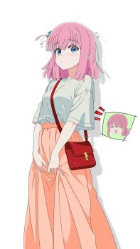  2girls alternate_costume awaco_ruku blue_eyes bocchi_the_rock! breasts commentary_request feet_out_of_frame gotoh_hitori gotoh_michiyo happy highres looking_at_viewer medium_breasts mother_and_daughter multiple_girls open_mouth pink_hair shirt short_hair simple_background skirt sleeveless standing white_background white_shirt 