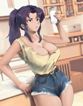 1girl alternate_breast_size bare_legs belt breasts brown_eyes cleavage cowboy_shot cup curvy denim denim_shorts drinking_glass female_focus frown glass high_ponytail highres holding holding_cup indoors katsuragi_misato large_breasts long_hair milk miss_faves neon_genesis_evangelion ponytail purple_hair shiny_skin short_shorts shorts solo thick_thighs thighs twitter_username wide_hips rating:Sensitive score:132 user:ampiaxxx
