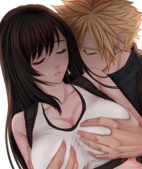  1boy 1girl artist_logo azezazel bare_shoulders black_hair blonde_hair blush breasts cleavage closed_eyes cloud_strife collarbone commentary couple crop_top earrings english_commentary eyelashes final_fantasy final_fantasy_vii final_fantasy_vii_remake grabbing_another's_breast grabbing_from_behind groping hetero highres jewelry large_breasts logo long_hair paid_reward_available parted_lips pink_lips ribbed_sweater short_hair signature spiked_hair stud_earrings sweater tank_top teardrop_earrings tifa_lockhart turtleneck turtleneck_sweater twitter_username upper_body white_background white_tank_top 