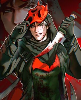  1boy bat_signal batman_(series) batman_symbol black_bodysuit black_cloak black_gloves black_hair black_hood blood blood_on_mask bloody_knife bloody_weapon blue_eyes bodysuit cloak cosplay dc_comics dead_by_daylight ghostface ghostface_(cosplay) gloves highres holding holding_knife hood hood_up jason_todd knife long_sleeves looking_at_viewer male_focus mask multicolored_bodysuit multicolored_hair muscular muscular_male open_clothes red_hood_(dc) red_mask scream_(movie) short_hair smile solo streaked_hair taut_bodysuit two-tone_bodysuit weapon white_hair xiyattica 