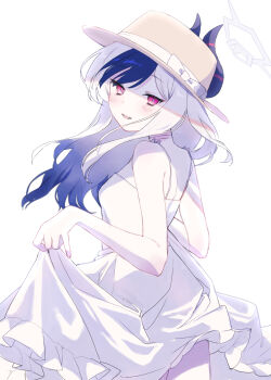  1girl absurdres alternate_costume alternate_hairstyle black_hair black_horns blue_archive blush bow breasts bright_pupils choker commentary_request cowboy_shot demon_girl demon_horns dress floating_hair frilled_dress frills from_side grey_halo hair_down halo happy hat hat_bow highres horns kayoko_(blue_archive) kisaka long_hair looking_at_viewer looking_back multicolored_hair no_wings open_mouth parted_lips pink_eyes red_eyes simple_background skirt_hold slit_pupils small_breasts smile solo spaghetti_strap sun_hat sundress teeth tsurime two-tone_hair white_background white_bow white_choker white_dress white_hair white_pupils 