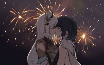 2girls a_ai_ri bare_shoulders blue_hair breasts chinese_clothes closed_eyes closed_mouth commentary earrings english_commentary fireworks genshin_impact highres jewelry kiss large_breasts multiple_girls night shenhe_(genshin_impact) short_hair upper_body white_hair white_headwear yelan_(genshin_impact) yuri  rating:General score:28 user:danbooru