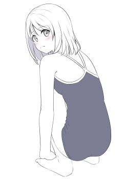  1girl absurdres ass bare_shoulders barefoot blush breasts closed_mouth competition_school_swimsuit dot_nose embarrassed from_behind frown full_body hair_between_eyes hand_on_own_foot highres lineart looking_at_viewer looking_back monochrome negimiso1989 one-piece_swimsuit original parted_bangs school_swimsuit short_hair sidelocks simple_background small_breasts solo spot_color squatting swimsuit white_background 