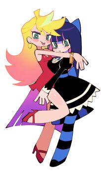  2girls :p batrobin_k black_dress blonde_hair blue_bow blue_eyes blunt_bangs blush bow bracelet breasts bright_pupils closed_mouth colored_inner_hair dress earrings full_body gradient_hair hair_bow hashtag-only_commentary high_heels highres hoop_earrings hug jewelry juliet_sleeves long_hair long_sleeves looking_at_viewer medium_breasts multicolored_hair multiple_girls panty_&amp;_stocking_with_garterbelt panty_(psg) pink_hair puffy_sleeves purple_hair red_dress short_dress simple_background sleeveless sleeveless_dress smile standing stocking_(psg) striped_clothes striped_thighhighs thighhighs tongue tongue_out two-tone_hair white_background white_pupils 